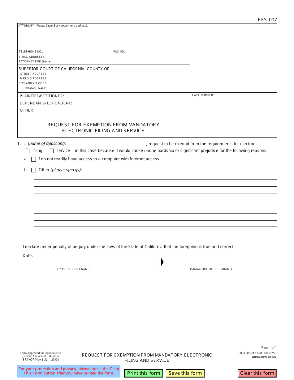 Form EFS-007 Request for Exemption From Mandatory Electronic Filing and Service - California, Page 1