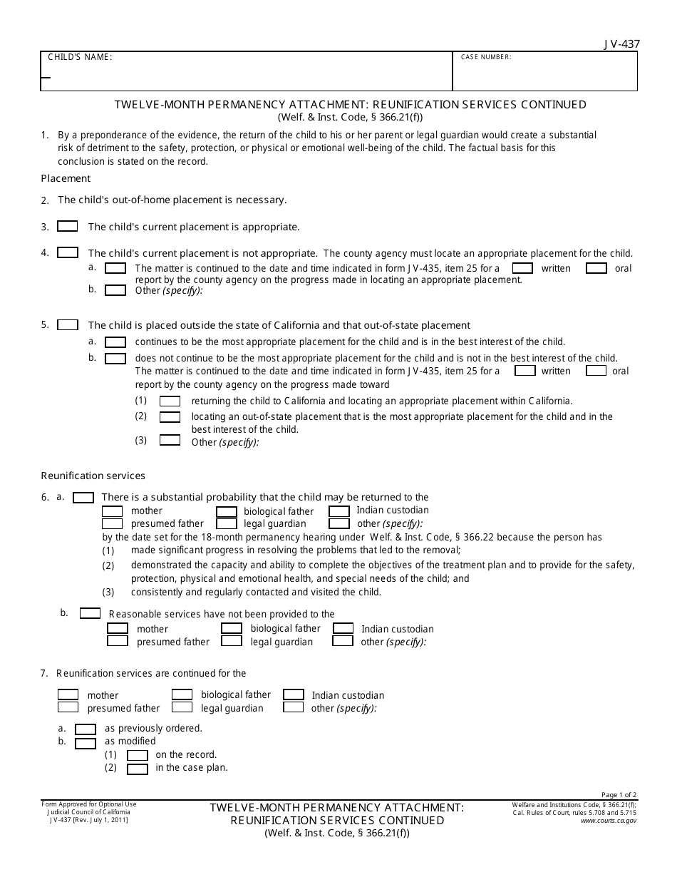 Form JV-437 Twelve-Month Permanency Attachment: Reunification Services Continued - California, Page 1