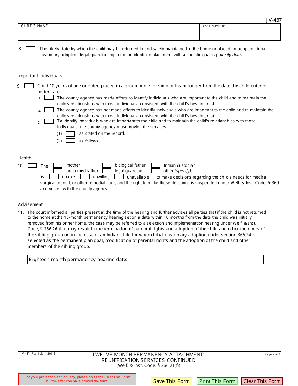 Form JV-437 Twelve-Month Permanency Attachment: Reunification Services Continued - California, Page 2