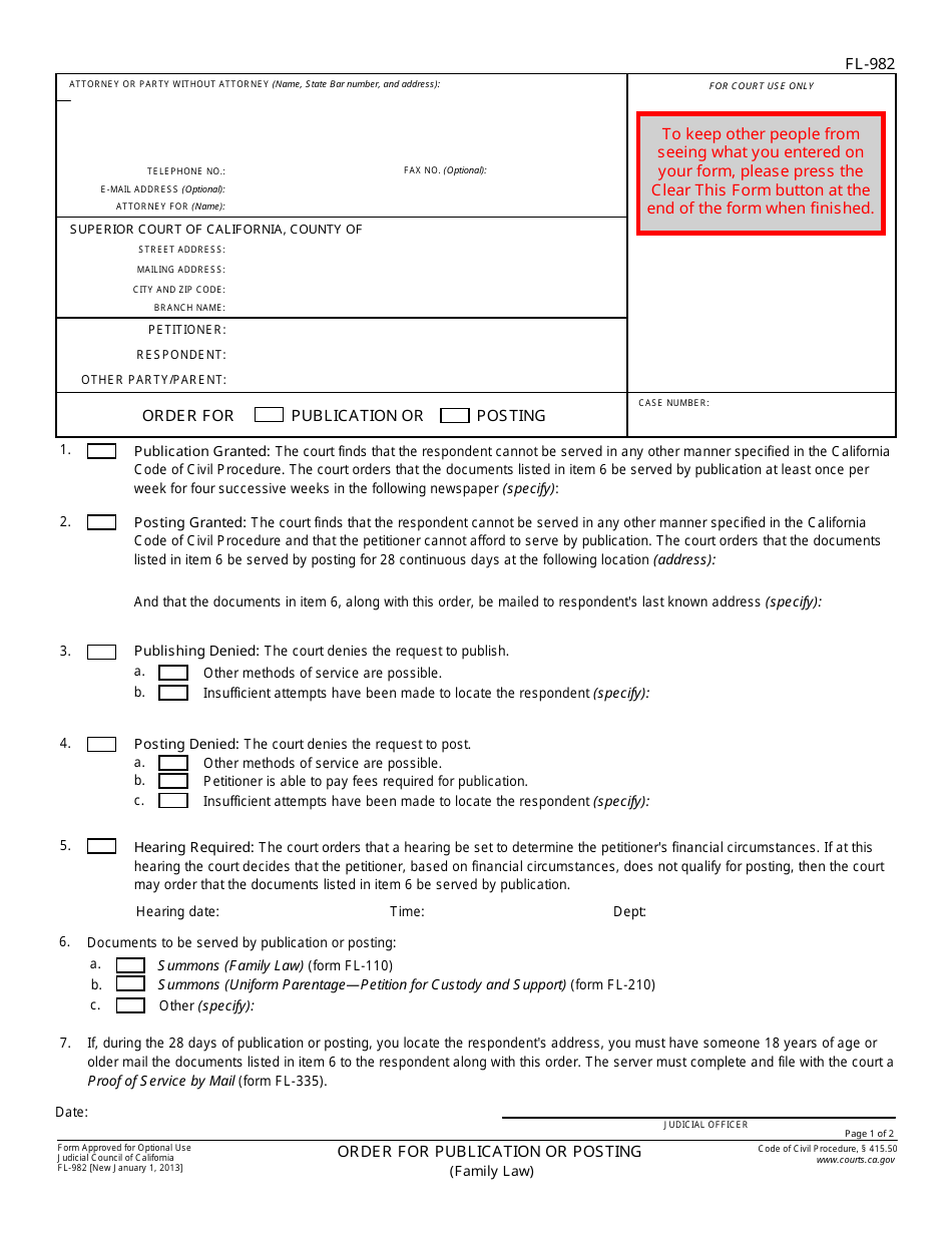Form FL-982 Order for Publication or Posting (Family Law) - California, Page 1