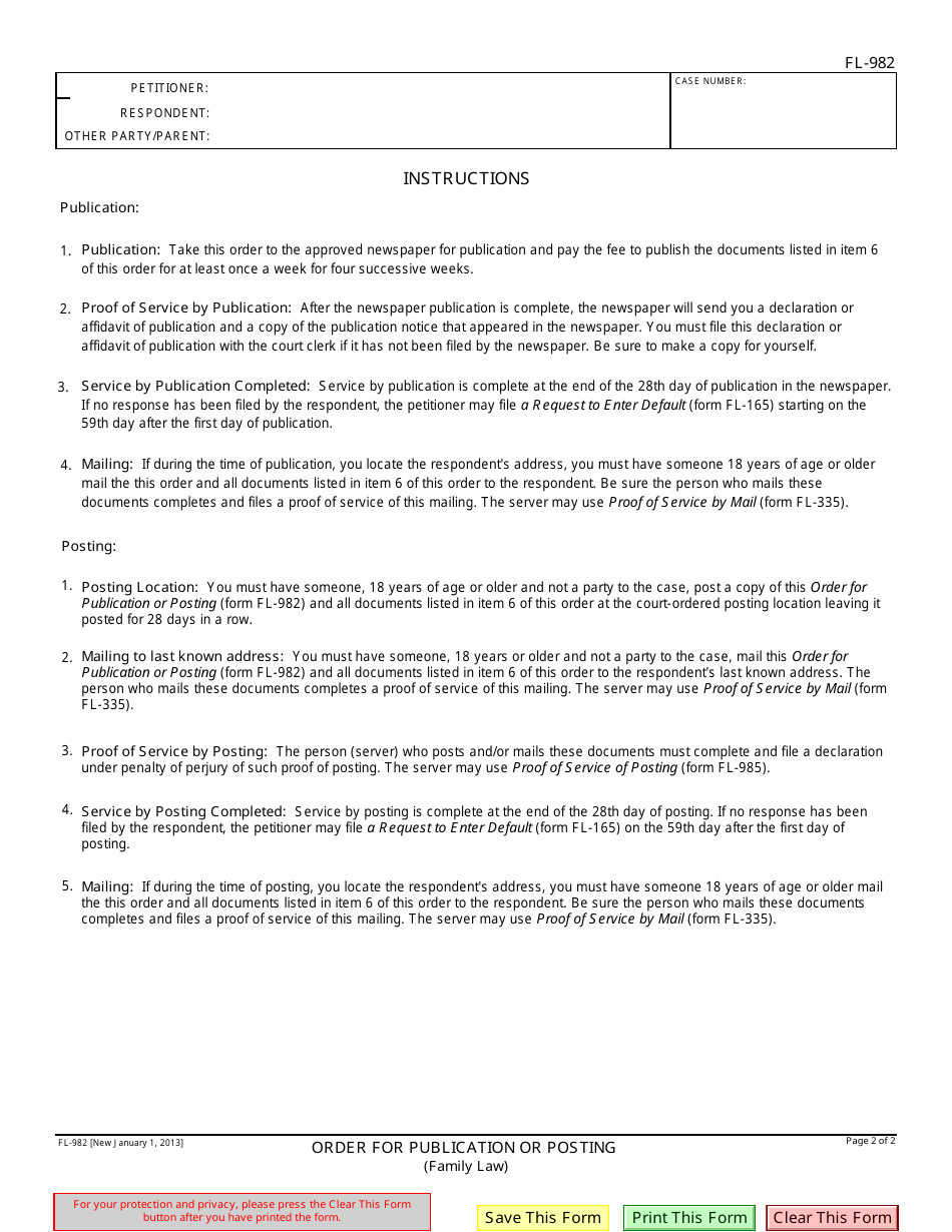Form FL-982 Order for Publication or Posting (Family Law) - California, Page 2