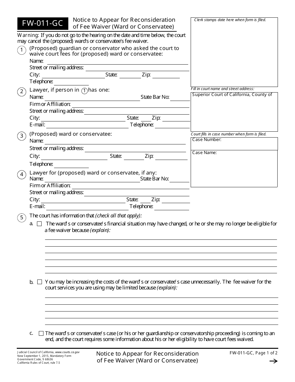 Form FW-011-GC Notice to Appear for Reconsideration of Fee Waiver (Ward or Conservatee) - California, Page 1