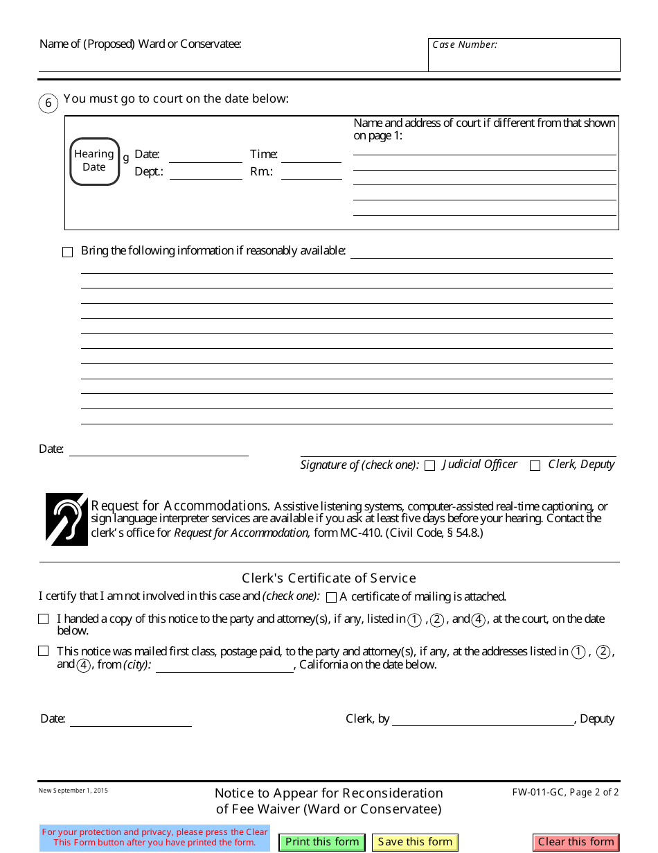 Form FW-011-GC Notice to Appear for Reconsideration of Fee Waiver (Ward or Conservatee) - California, Page 2