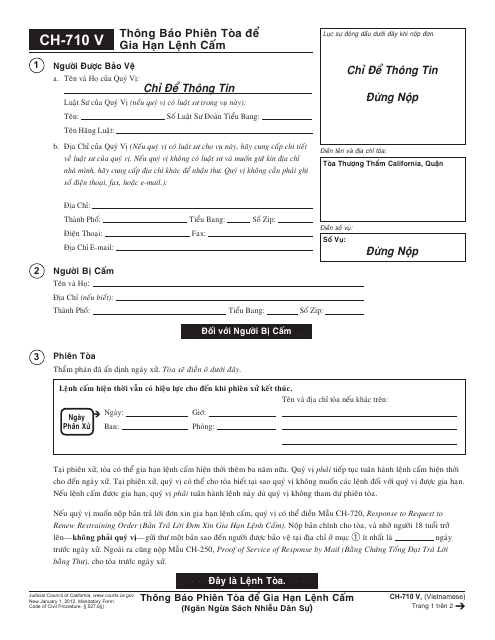 Form CH-710 V Notice of Hearing to Renew Restraining Order - California (Vietnamese)