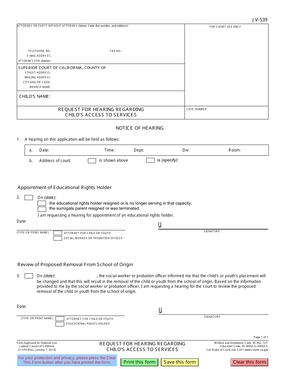 Form JV-539 Request for Hearing Regarding Childs Access to Services - California, Page 1