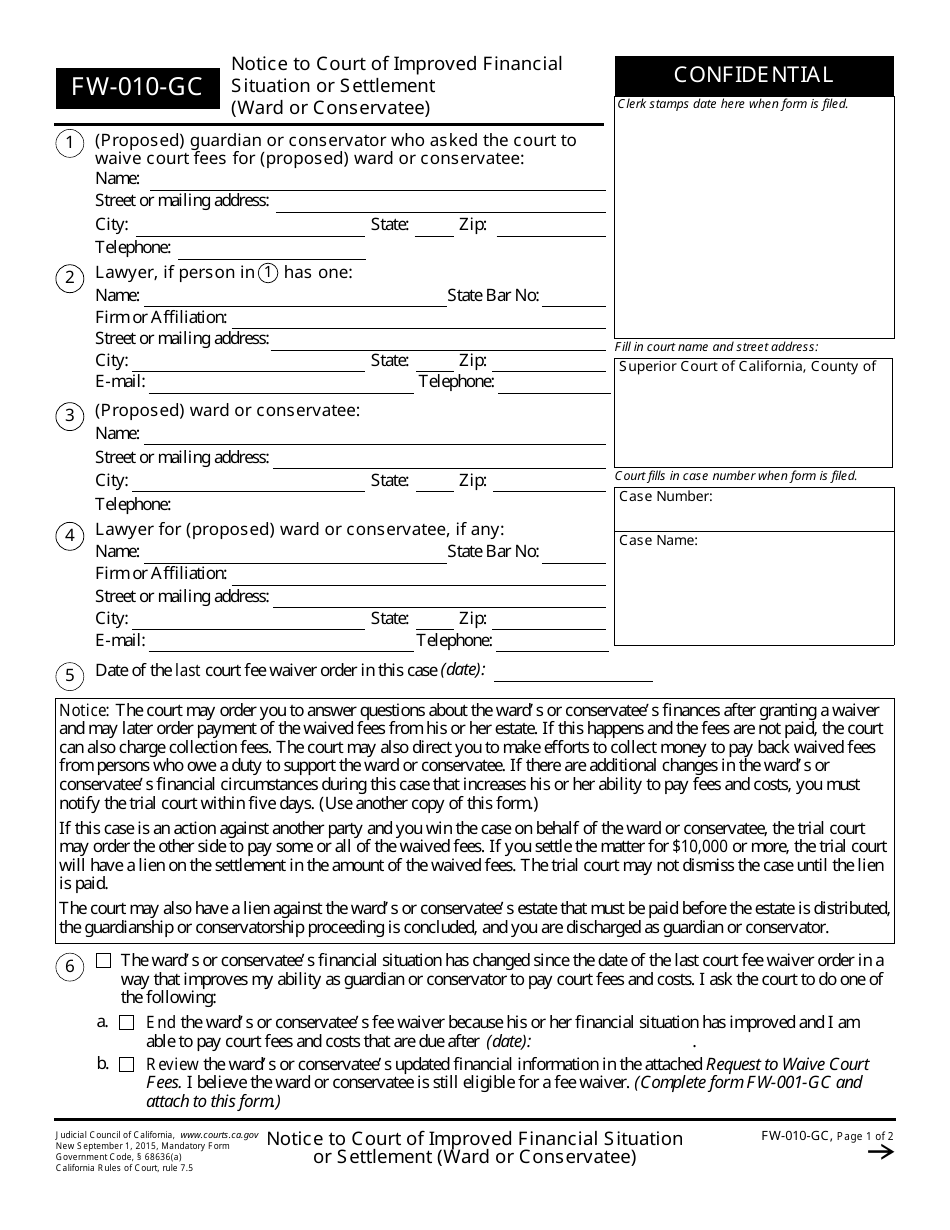 Form FW-010-GC Notice to Court of Improved Financial Situation or Settlement (Ward or Conservatee) - California, Page 1