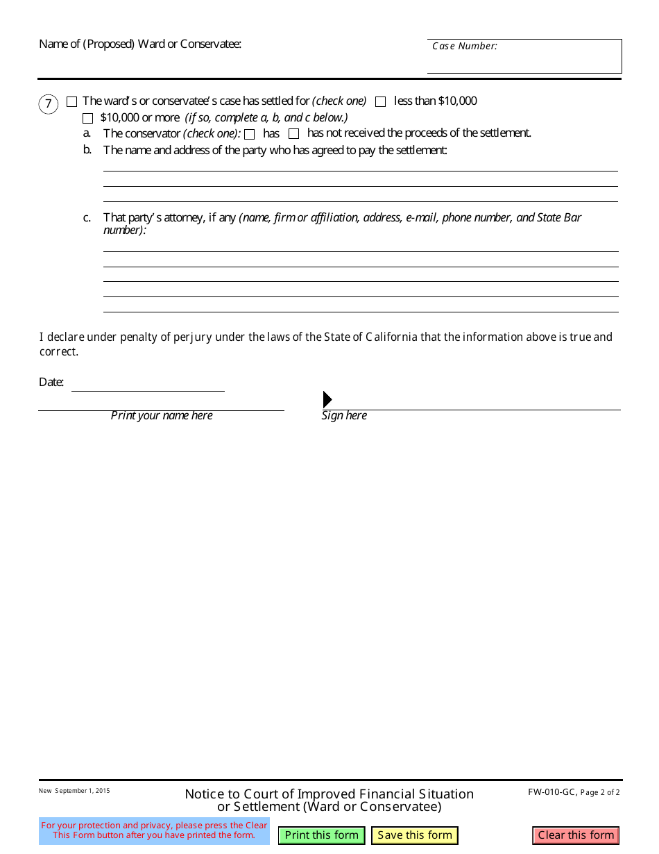 Form FW-010-GC Notice to Court of Improved Financial Situation or Settlement (Ward or Conservatee) - California, Page 2