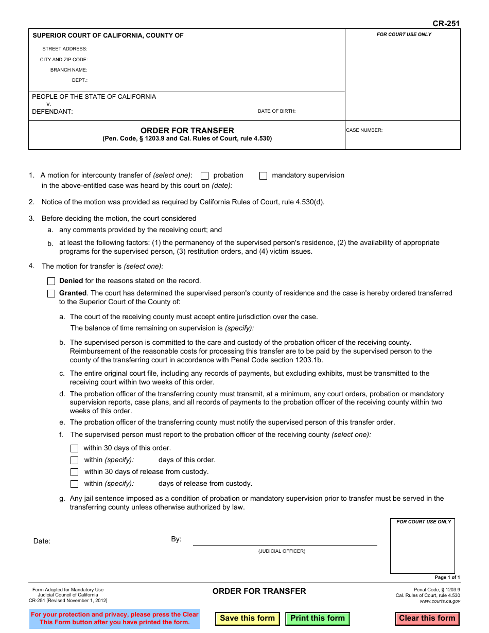 Form CR-251 Order for Transfer - California, Page 1