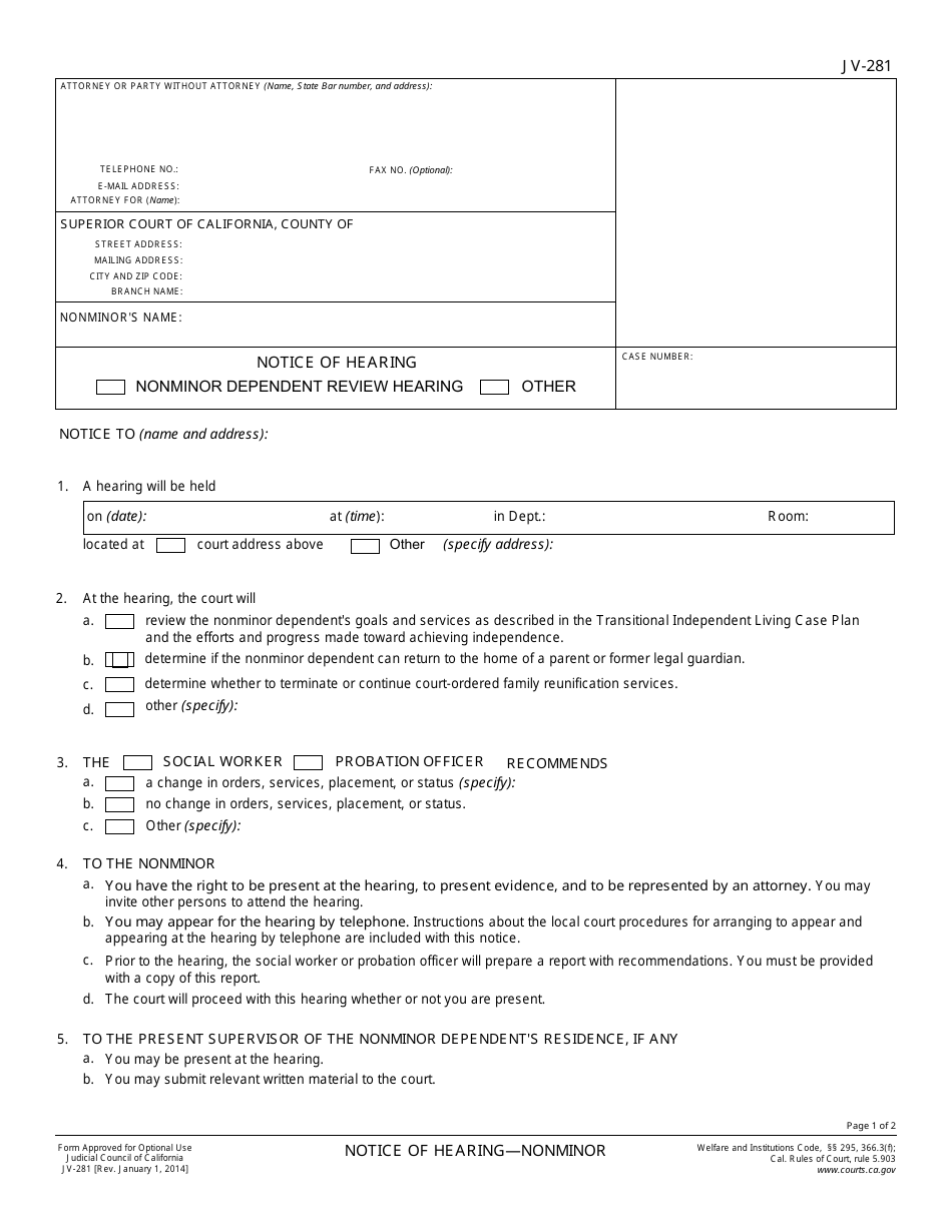 Form JV-281 - Fill Out, Sign Online and Download Fillable PDF ...