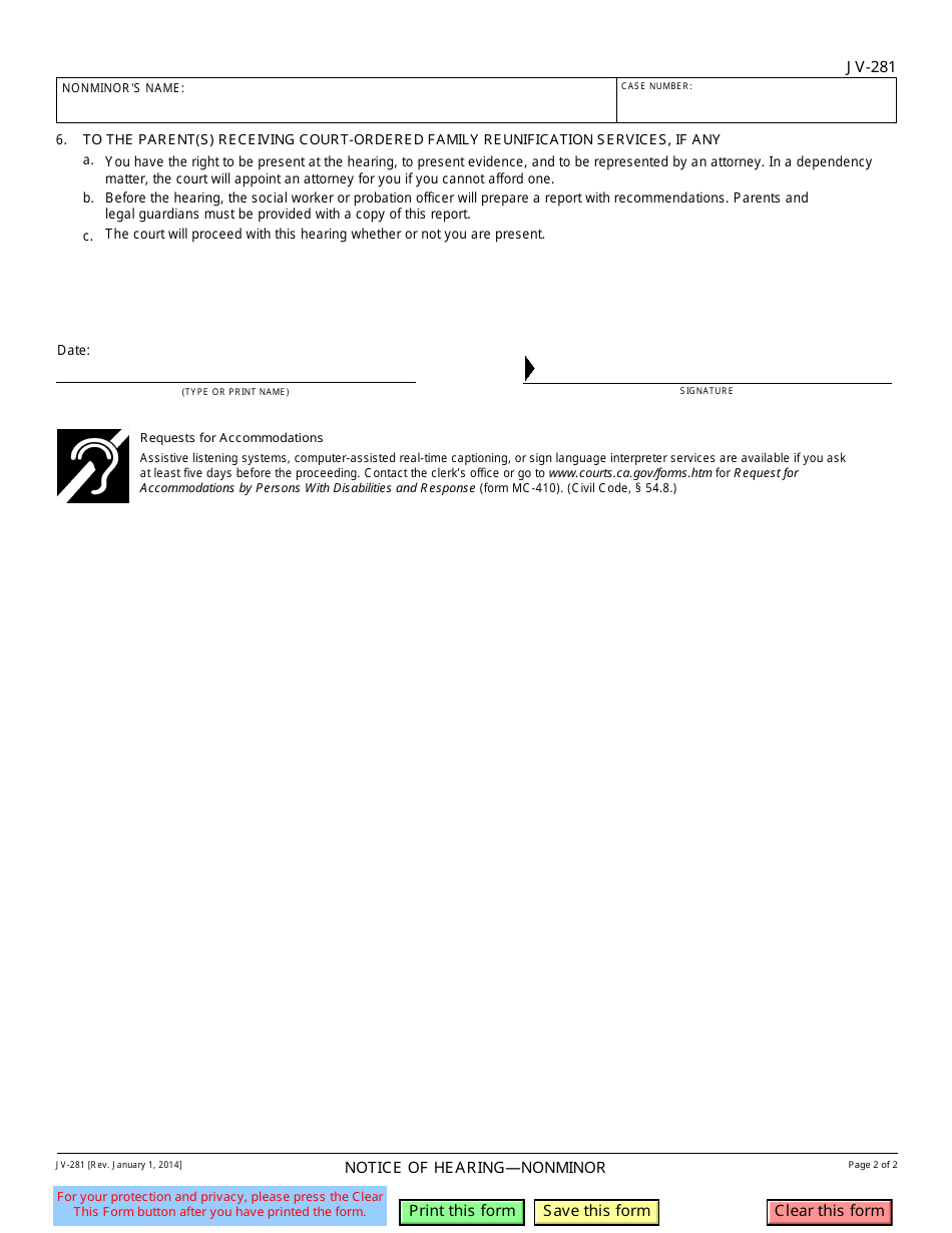 Form JV-281 Notice of Hearing - Nonminor - California, Page 2
