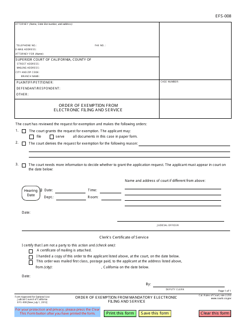 Form EFS-008 Order of Exemption From Electronic Filing and Service - California