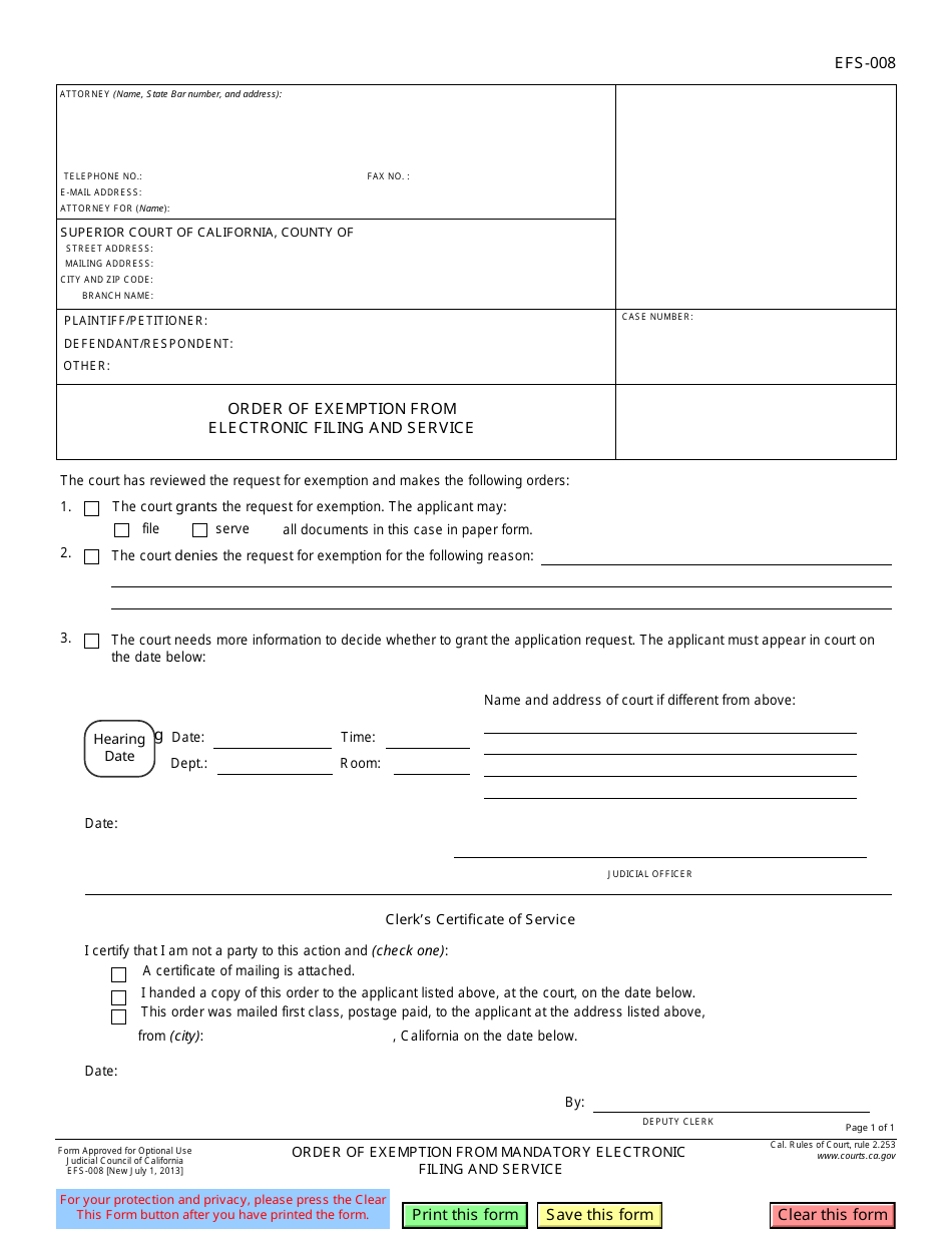 Form EFS-008 Order of Exemption From Electronic Filing and Service - California, Page 1