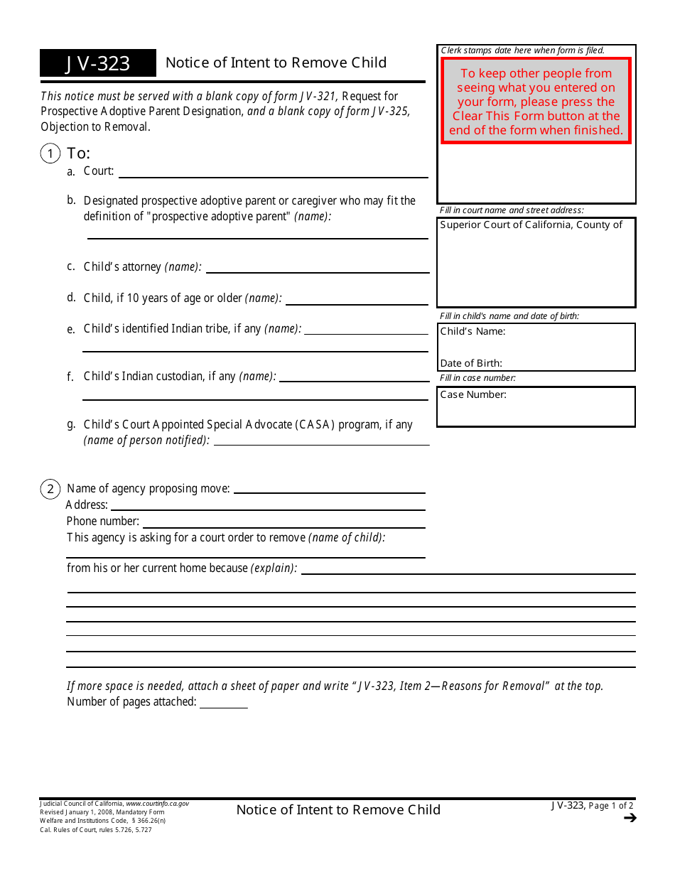 Form JV-383 Notice of Intent to Remove Child - California, Page 1