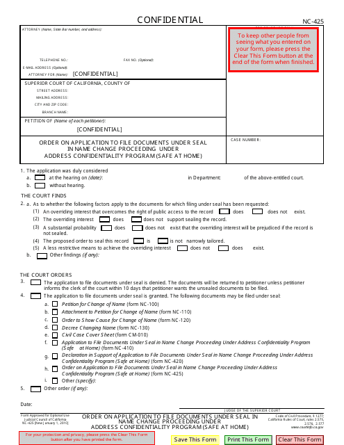 Form NC-425 Order on Application to File Documents Under Seal in Name Change Proceeding Under Address Confidentiality Program (Safe at Home) - California