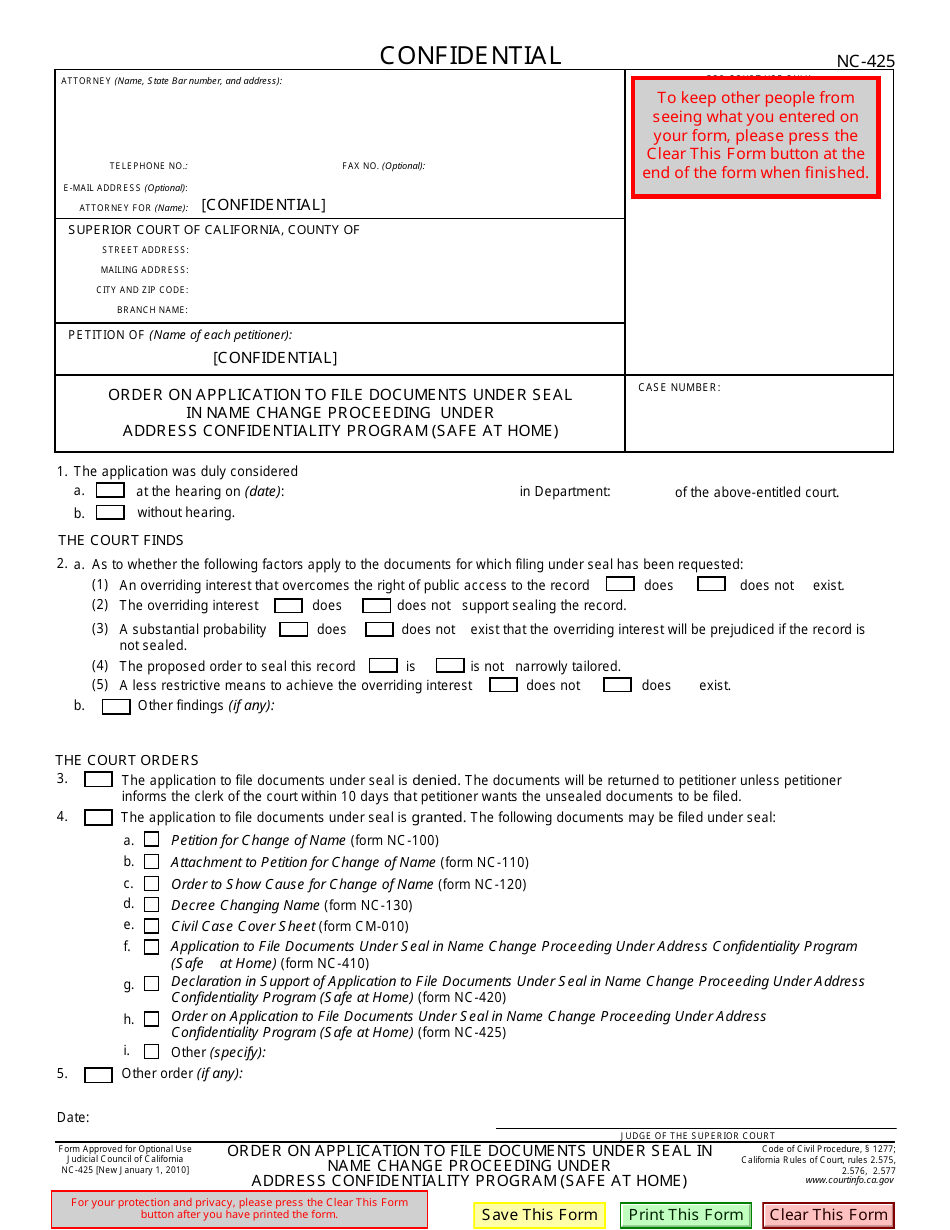 Form NC-425 Order on Application to File Documents Under Seal in Name Change Proceeding Under Address Confidentiality Program (Safe at Home) - California, Page 1