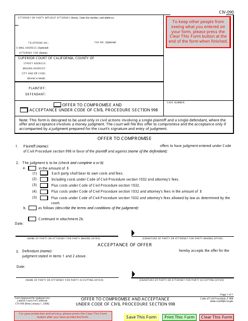 Form CIV 090 Download Fillable PDF Or Fill Online Offer To Compromise 
