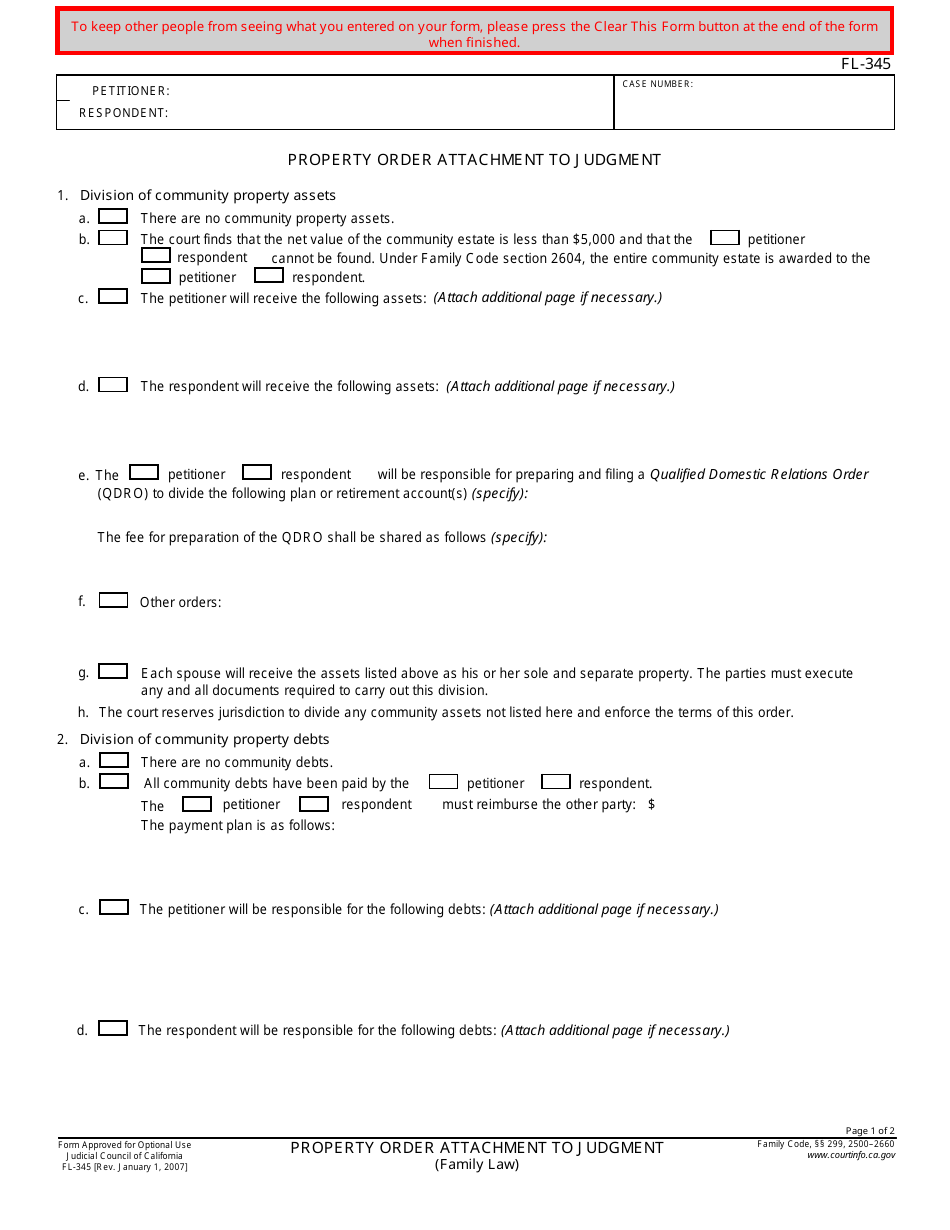 Form FL-345 Property Order Attachment to Judgment (Family Law) - California, Page 1