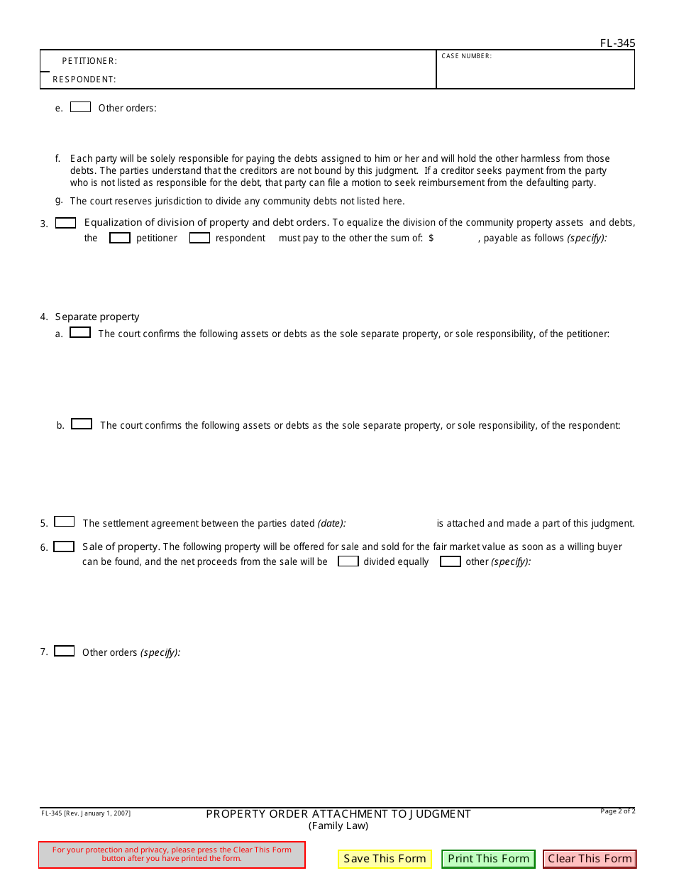 Form FL-345 Property Order Attachment to Judgment (Family Law) - California, Page 2