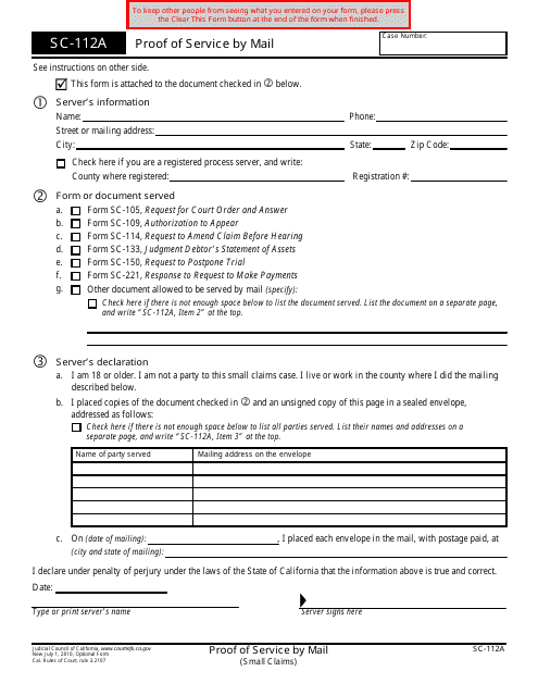 Form SC-112A Proof of Service by Mail - California