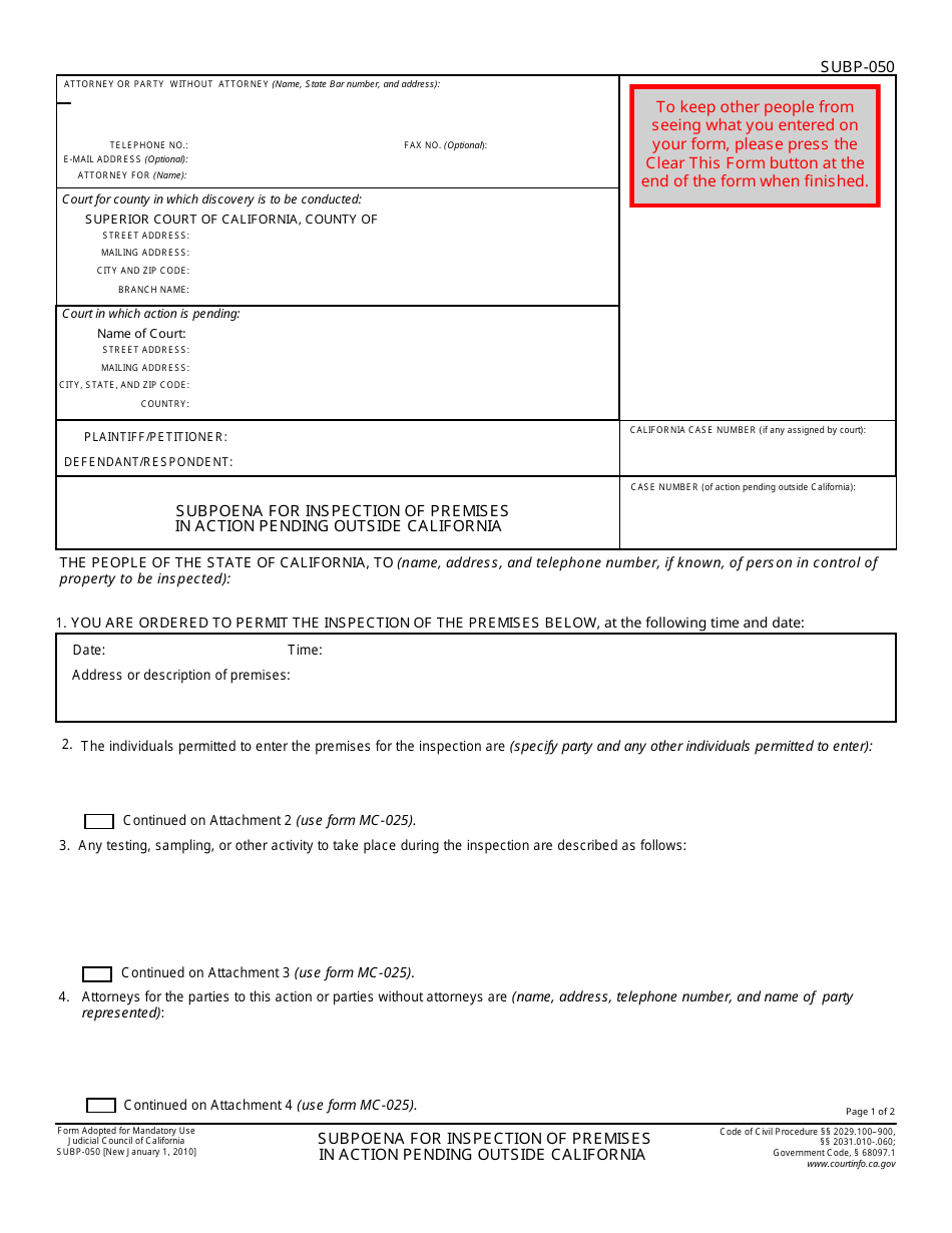 Form SUBP-050 Subpoena for Inspection of Premises in Action Pending Outside California - California, Page 1