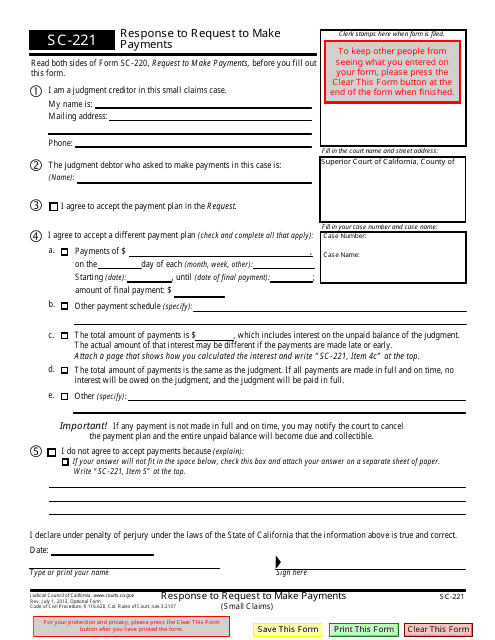 Form SC-221 Response to Request to Make Payments (Small Claims) - California