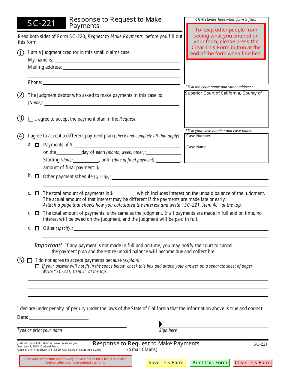 Form SC-221 Response to Request to Make Payments (Small Claims) - California, Page 1