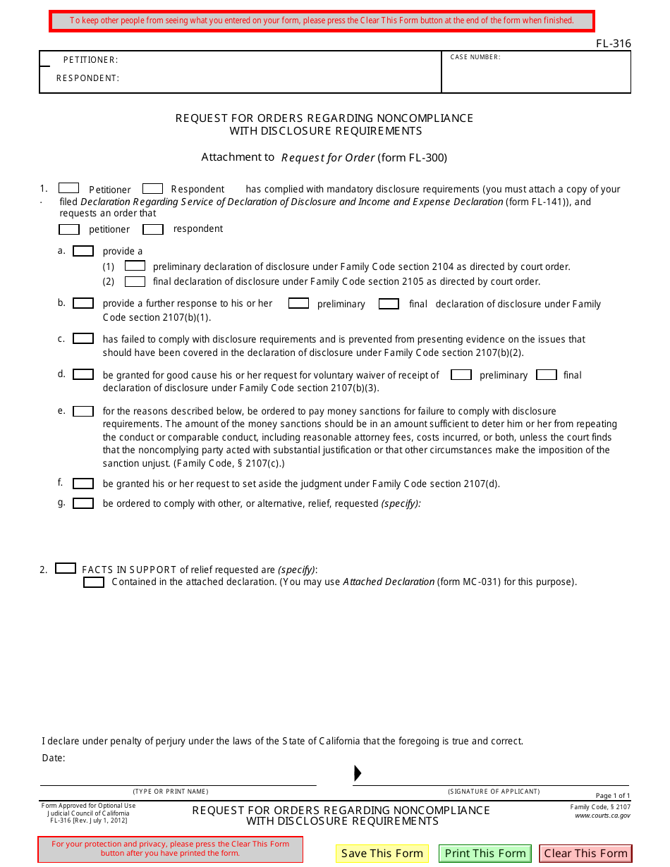 Form FL-316 Request for Orders Regarding Noncompliance With Disclosure Requirements - California, Page 1