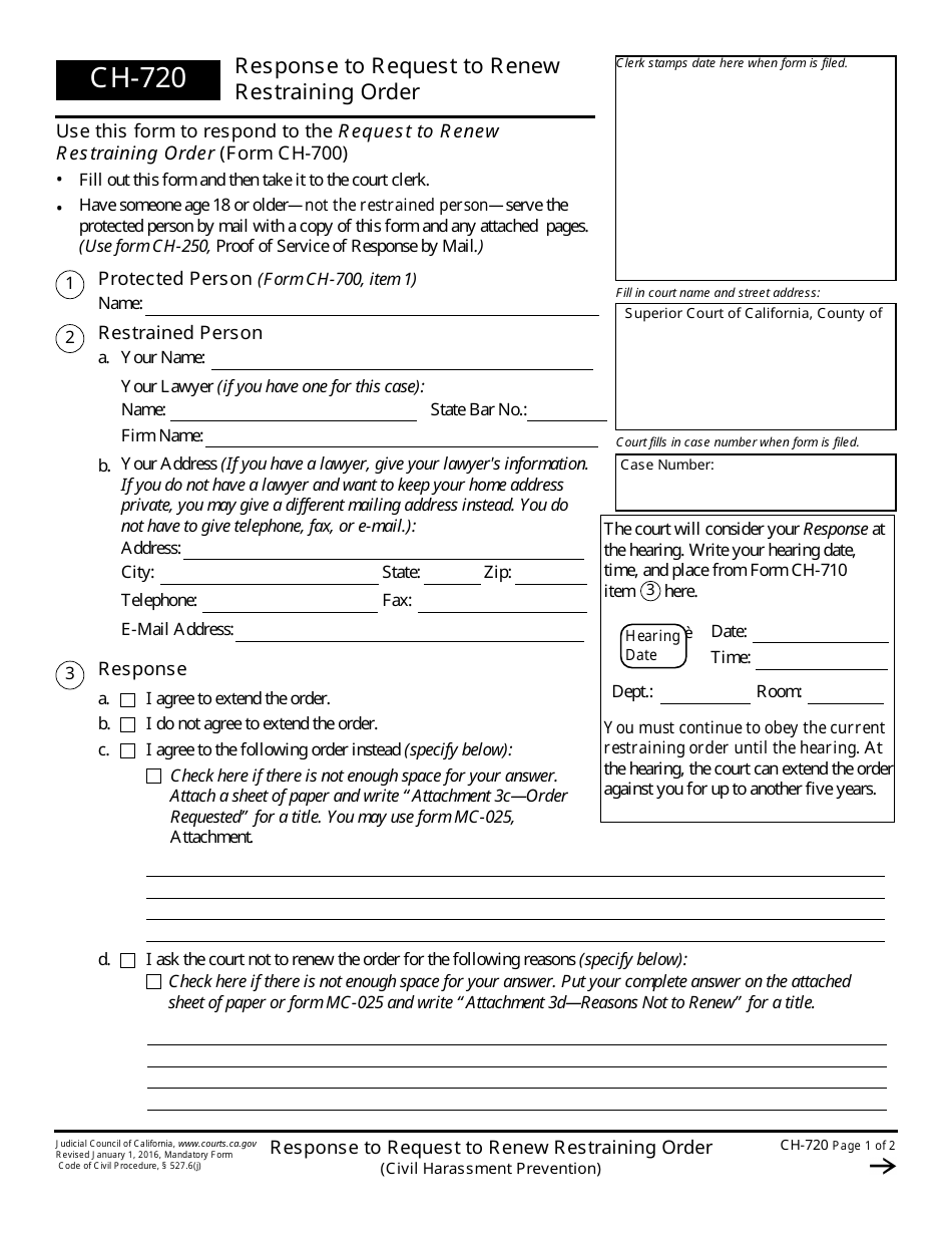 Form CH-720 Response to Request to Renew Restraining Order - California, Page 1