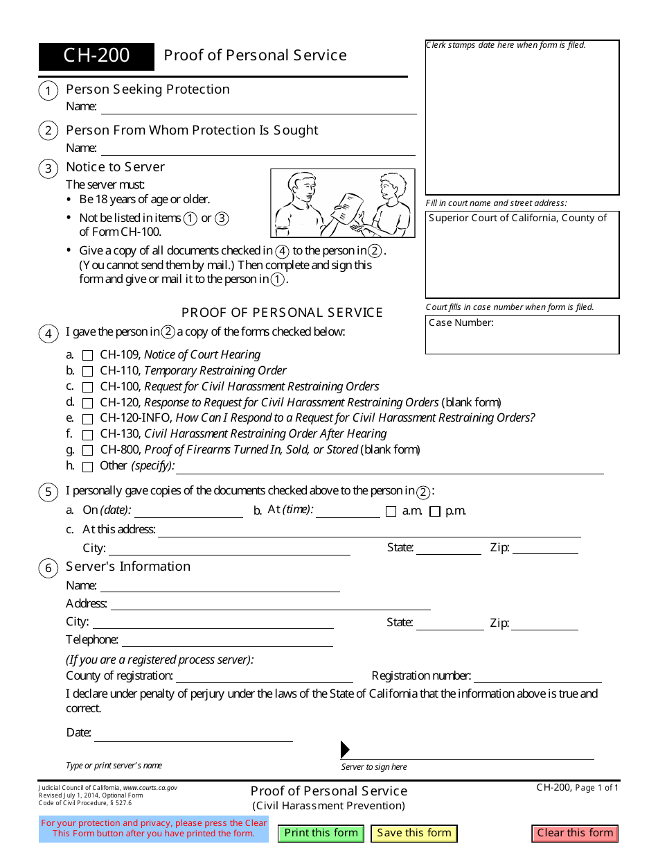 Form CH-200 Proof of Personal Service - California, Page 1