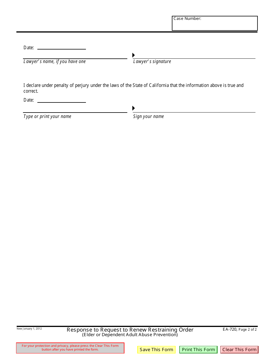 Form EA-720 Response to Request to Renew Restraining Order - California, Page 2