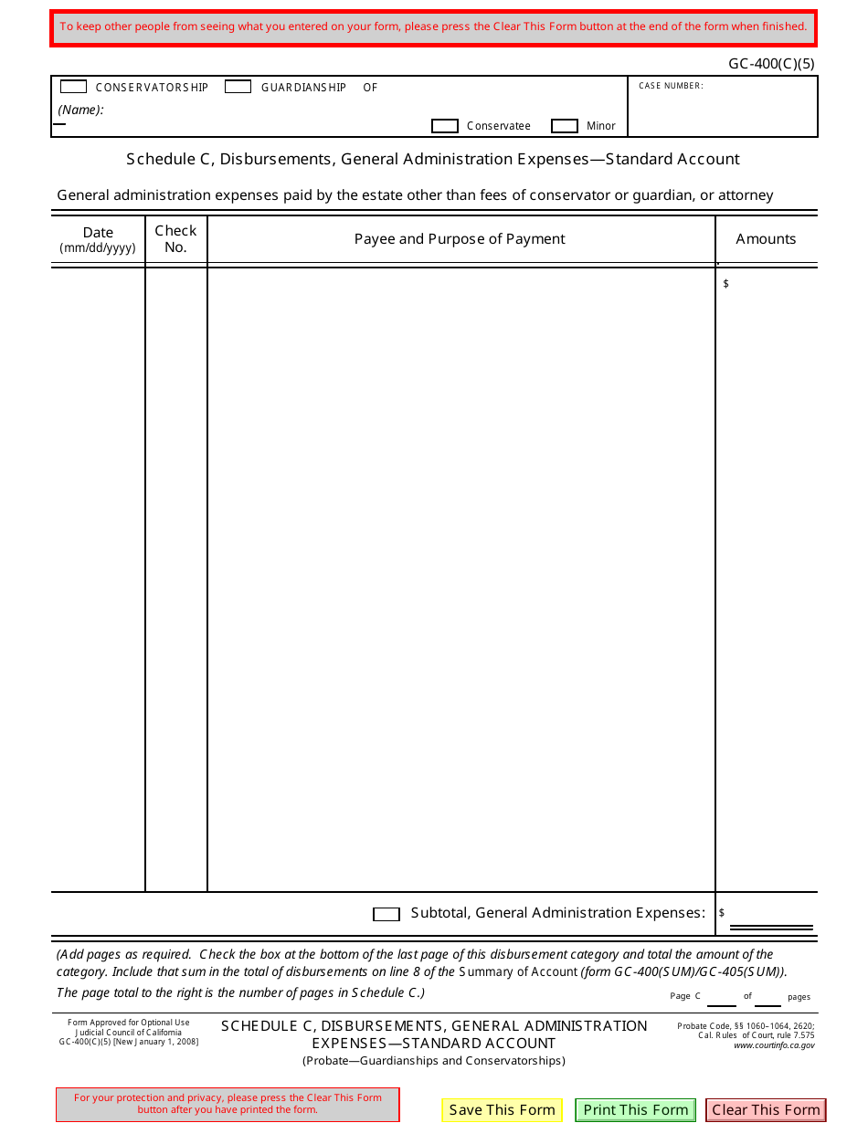 Form GC-400(C)(5) Schedule C Disbursements, General Administration Expenses - Standard Account - California, Page 1