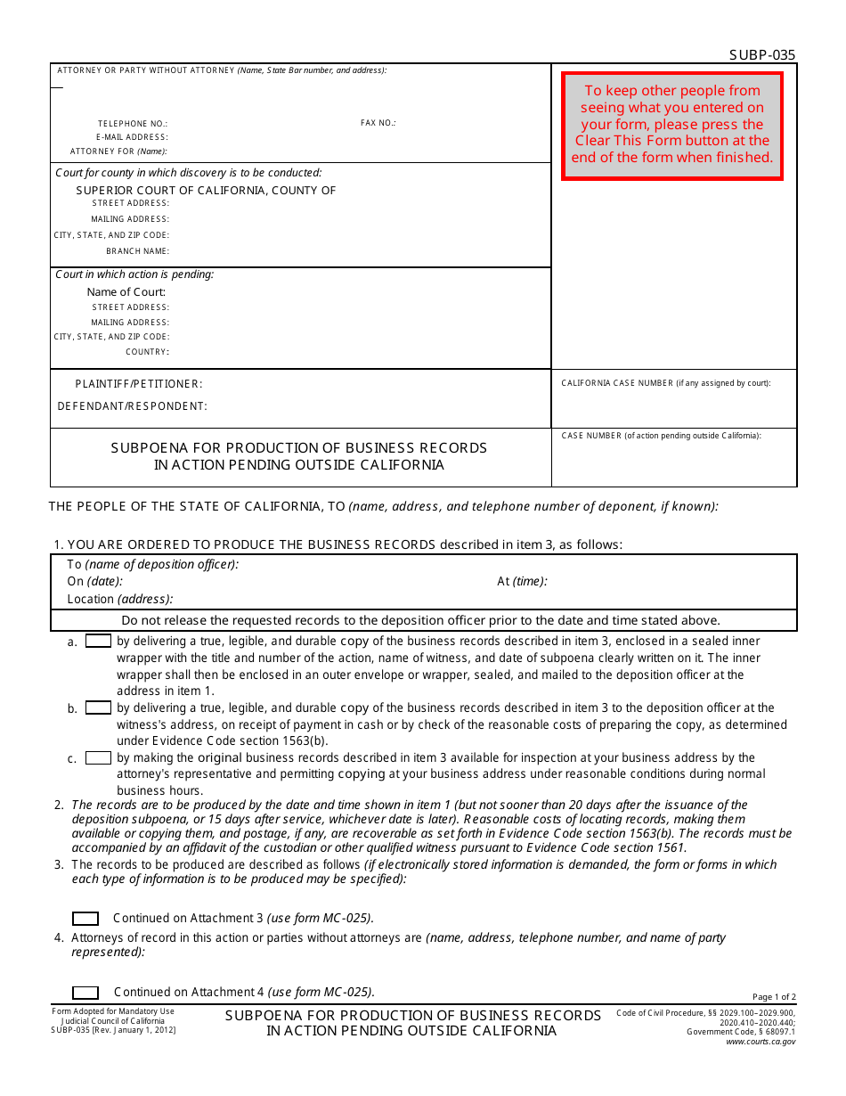 Form SUBP-035 Subpoena for Production of Business Records in Action Pending Outside California - California, Page 1