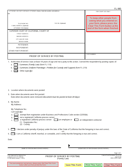 Form FL-985 Proof of Service by Posting - California