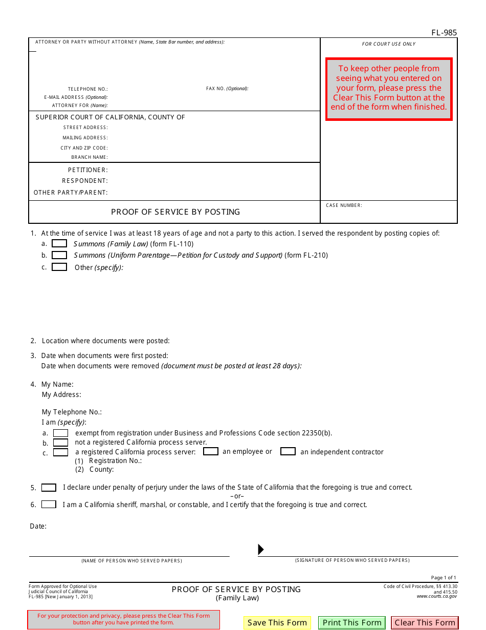Form FL-985 Proof of Service by Posting - California, Page 1