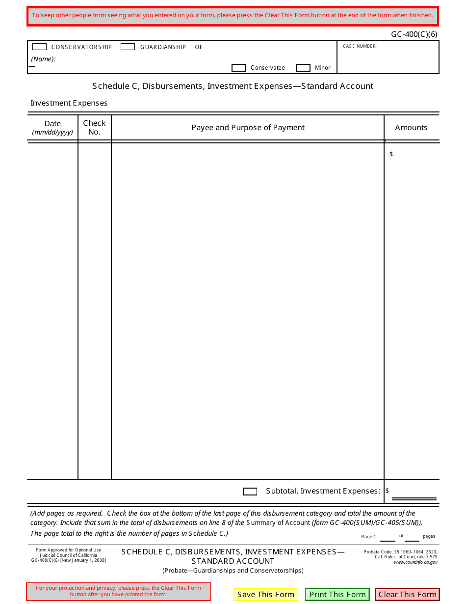 Form GC-400(C)(6) Schedule C Disbursements, Investment Expenses - Standard Account - California, Page 1