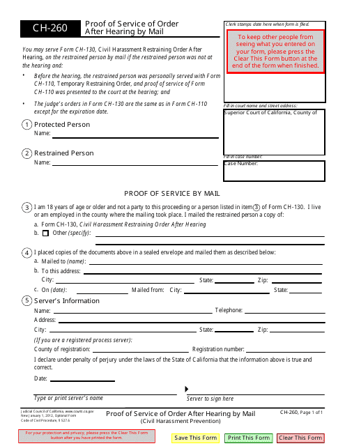 Form CH-260 Proof of Service of Order After Hearing by Mail - California