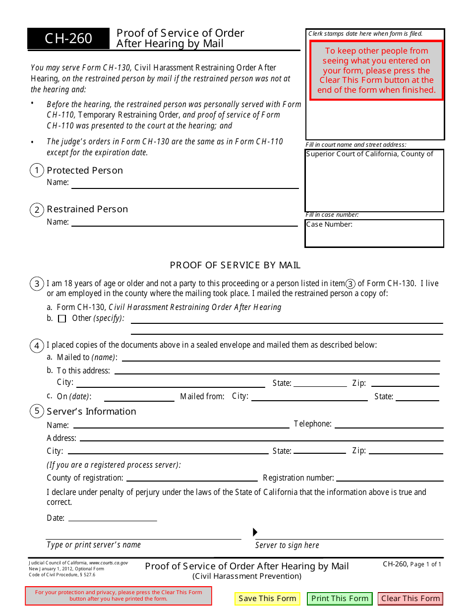 Form CH-260 Proof of Service of Order After Hearing by Mail - California, Page 1
