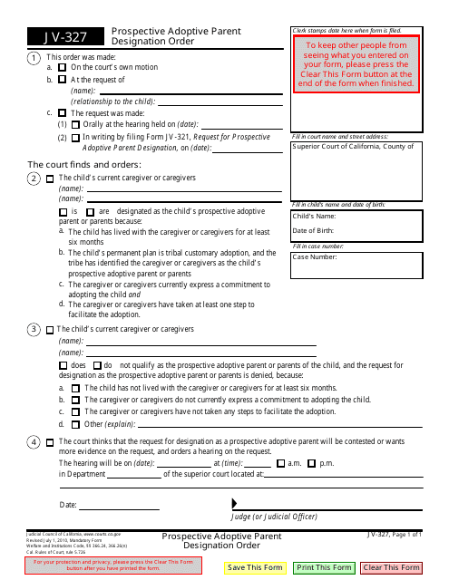 Form JV-327 Prospective Adoptive Parent Designation Order - California