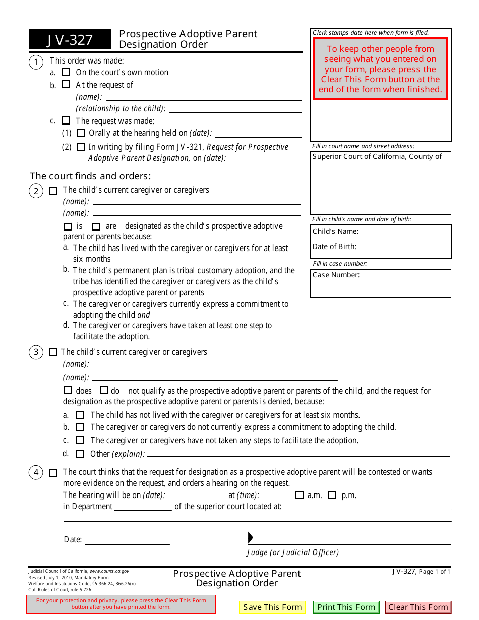 Form JV-327 Prospective Adoptive Parent Designation Order - California, Page 1