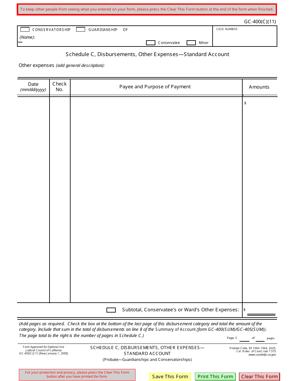 Form GC-400(C)(11) Schedule C Disbursements, Other Expenses - Standard Account - California, Page 1
