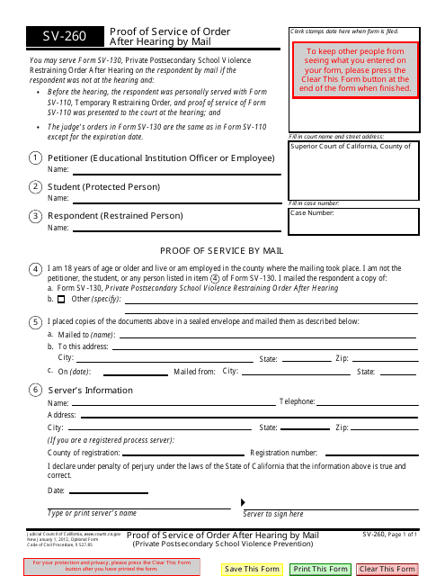 Form SV-260 Proof of Service of Order After Hearing by Mail - California