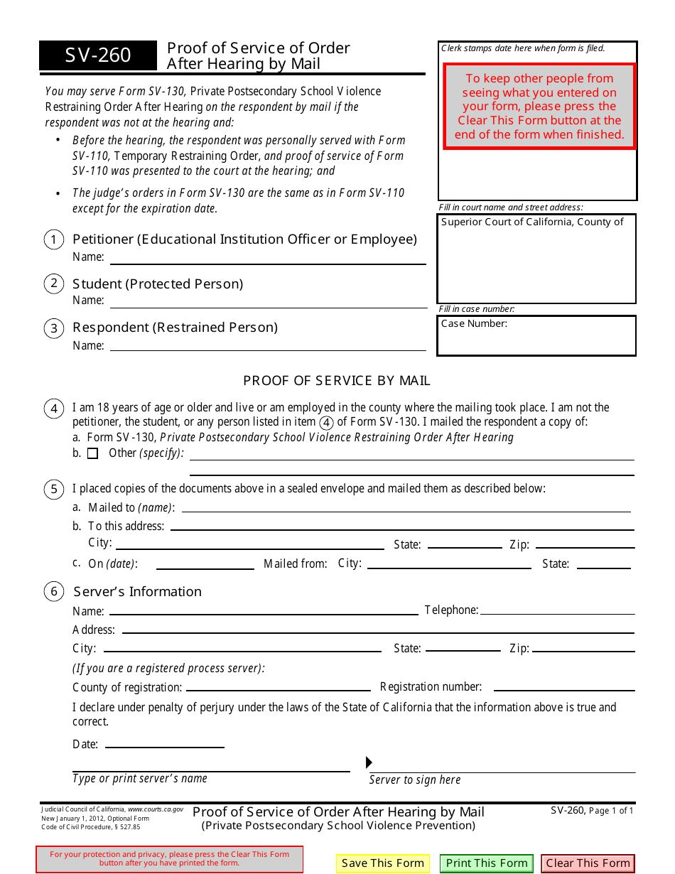 Form SV260 Download Fillable PDF or Fill Online Proof of Service of
