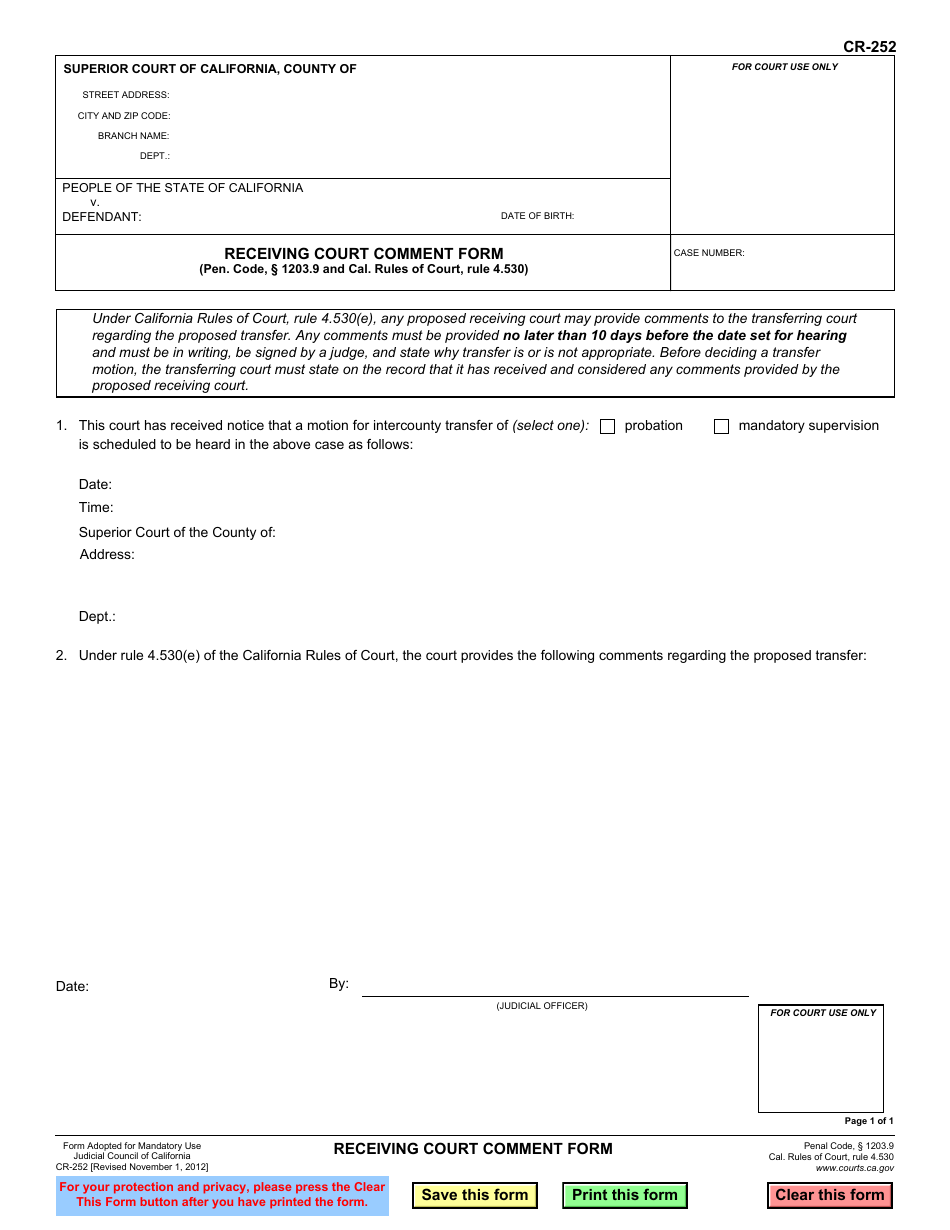 Form CR-252 Receiving Court Comment Form - California, Page 1