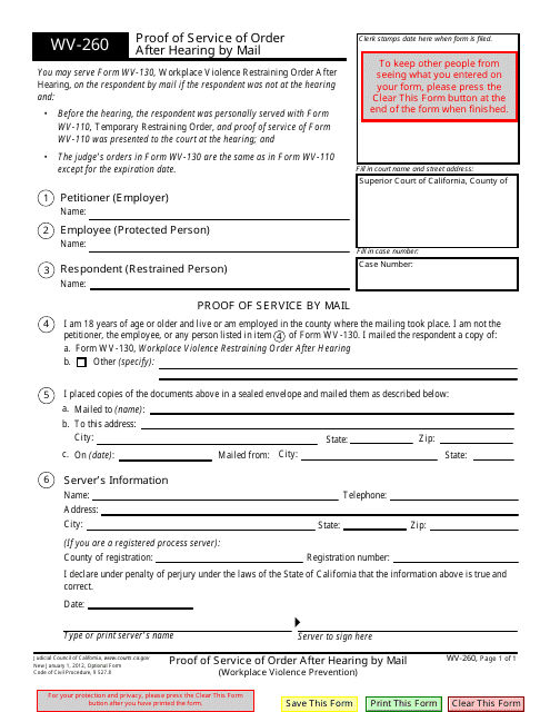 Form WV-260 Proof of Service of Order After Hearing by Mail - California