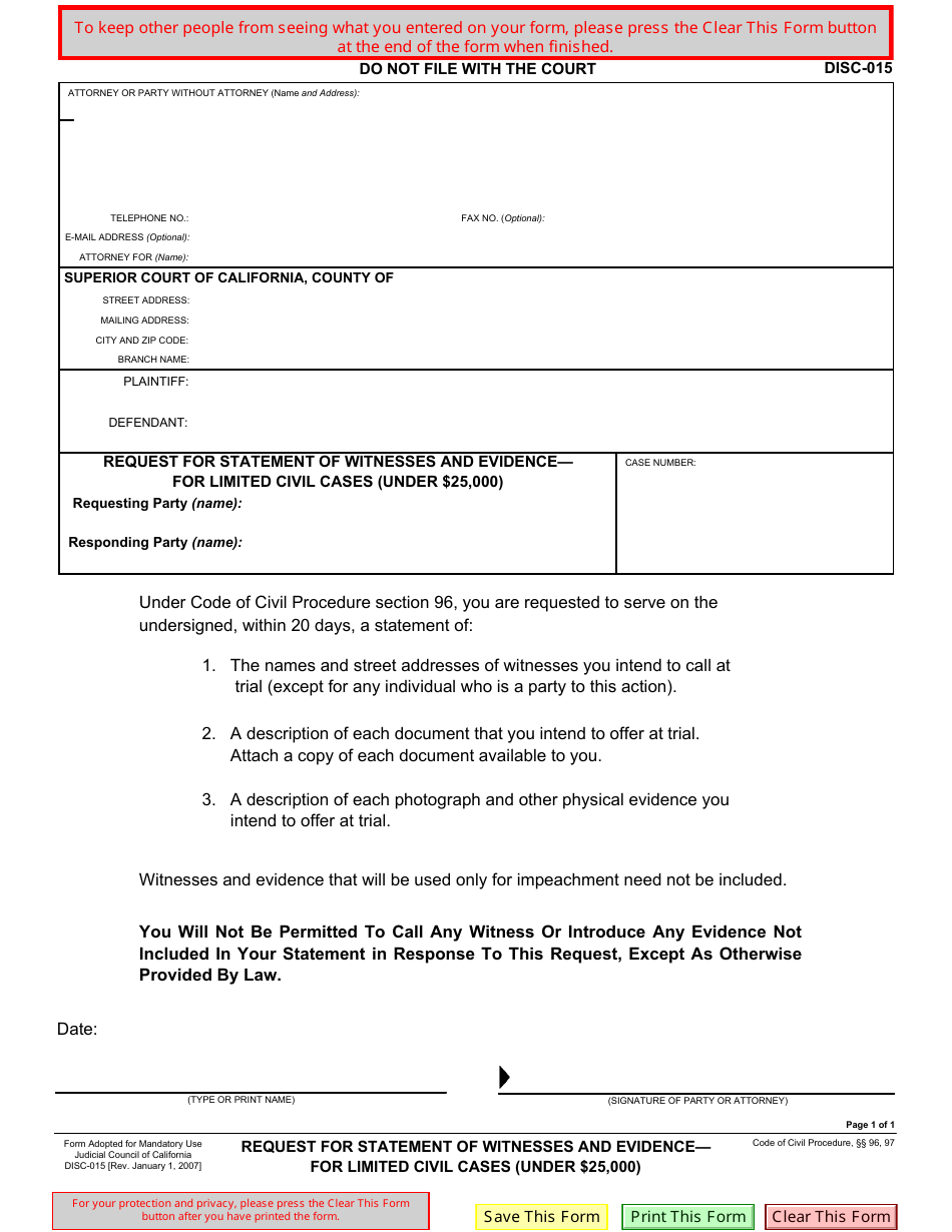Form DISC-015 Request for Statement of Witnesses and Evidence - for Limited Civil Cases (Under $25,000) - California, Page 1