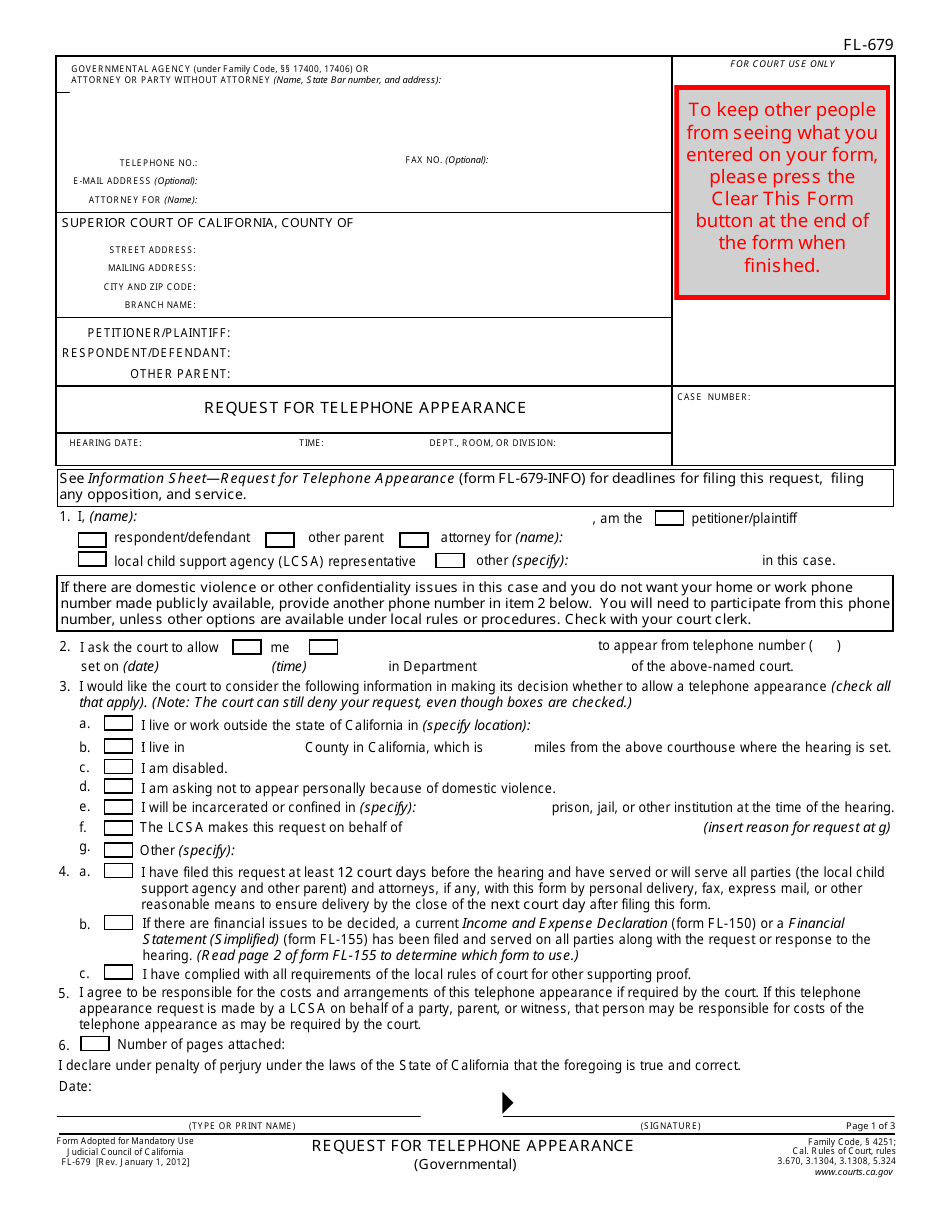 Form FL-679 Request for Telephone Appearance - California, Page 1