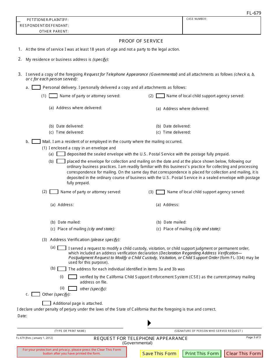 Form FL-679 Request for Telephone Appearance - California, Page 3