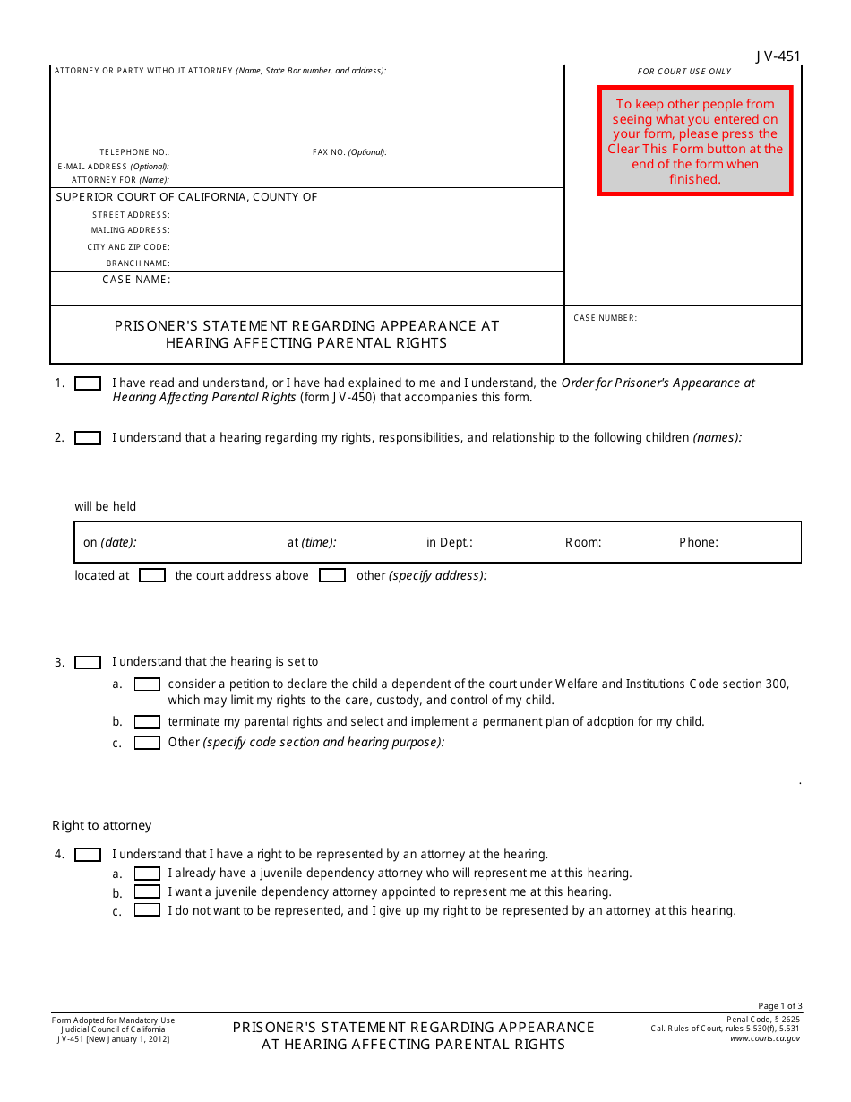 Form JV-451 - Fill Out, Sign Online and Download Fillable PDF ...