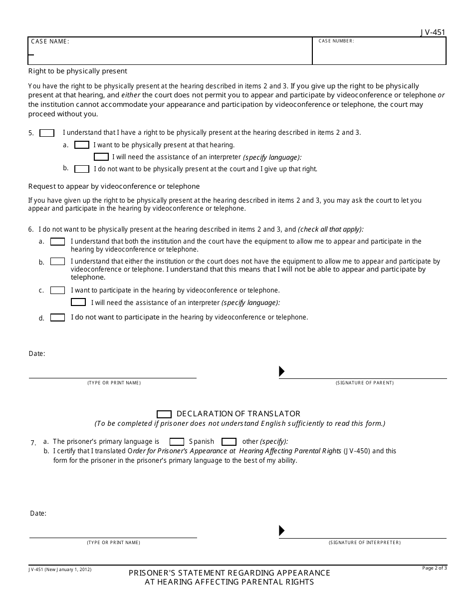 Form JV-451 Prisoners Statement Regarding Appearance at Hearing Affecting Parental Rights - California, Page 2