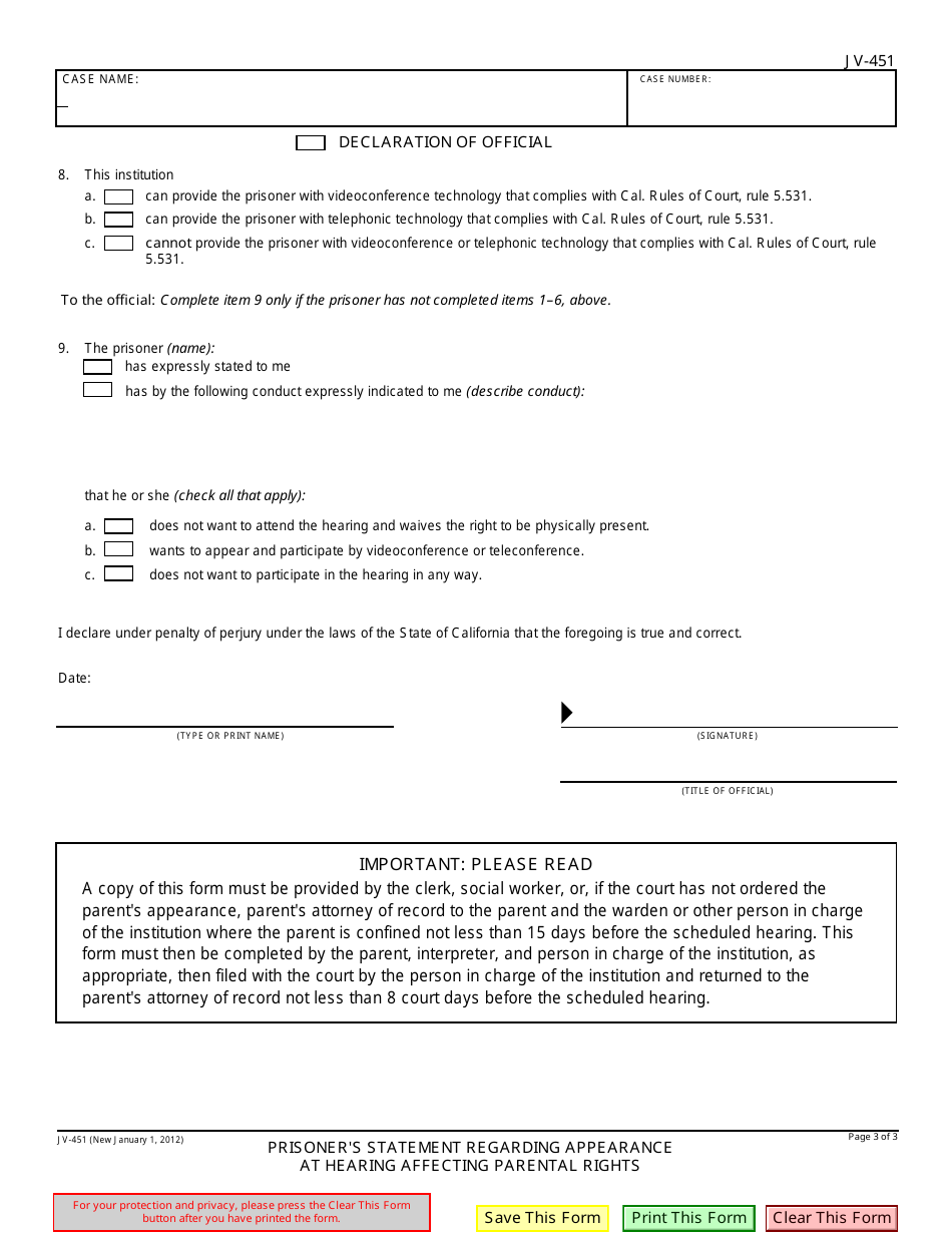 Form JV-451 Prisoners Statement Regarding Appearance at Hearing Affecting Parental Rights - California, Page 3